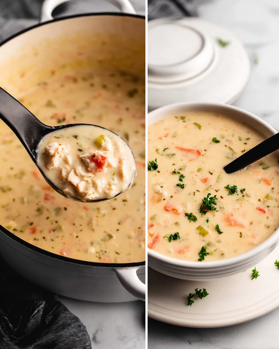 A close-up of a thick creamy soup filled with small pieces of orange carrots, green celery, and light-colored chicken pieces. In the first image, the soup is in a white pot, and a black ladle is lifting a scoop of the soup showing its thick smooth texture with visible vegetable and chicken bits. In the second image, the soup is served in a white bowl set on a matching white plate, topped with small green parsley leaves. A black spoon is dipped in the soup. The scene is on a white marbled surface. photo taken with an iphone --ar 4:5 --v 7