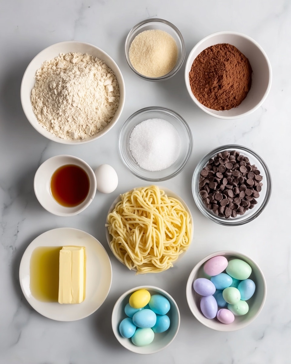 The image shows several small white bowls and a small white plate arranged on a white marbled surface. The largest bowl at the top left contains pale flour with a slightly rough texture. To its right, a smaller bowl holds fine cocoa powder in a brown color. Below the cocoa powder, a clear glass bowl has white granulated sugar, while next to it another white bowl holds light brown sugar. A small white plate under the flour bowl has a solid pale yellow stick of butter. Below them, a clear glass bowl contains a dark amber liquid, and next to it, a small white bowl holds a single white egg. In the center is a pile of creamy beige curly pasta. A small white bowl near the bottom has thick yellow liquid, possibly oil. Next to it is a small white bowl filled with pastel-colored candy eggs in blue, yellow, purple, and pink. To the right, a white bowl contains dark brown chocolate chips. The whole arrangement is neat and clean, showing the ingredients for baking clearly. Photo taken with an iphone --ar 4:5 --v 7