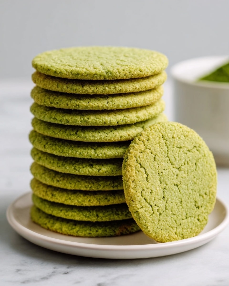 A tall stack of ten round green cookies with a crumbly texture is placed on a white plate. One cookie leans against the stack, showing its smooth, slightly cracked surface. The cookies have a soft pastel green color, resembling matcha or green tea flavor. The scene is set on a white marbled surface, and the overall look is clean and simple, focusing on the cookies' pastel green tone and delicate texture. photo taken with an iphone --ar 4:5 --v 7