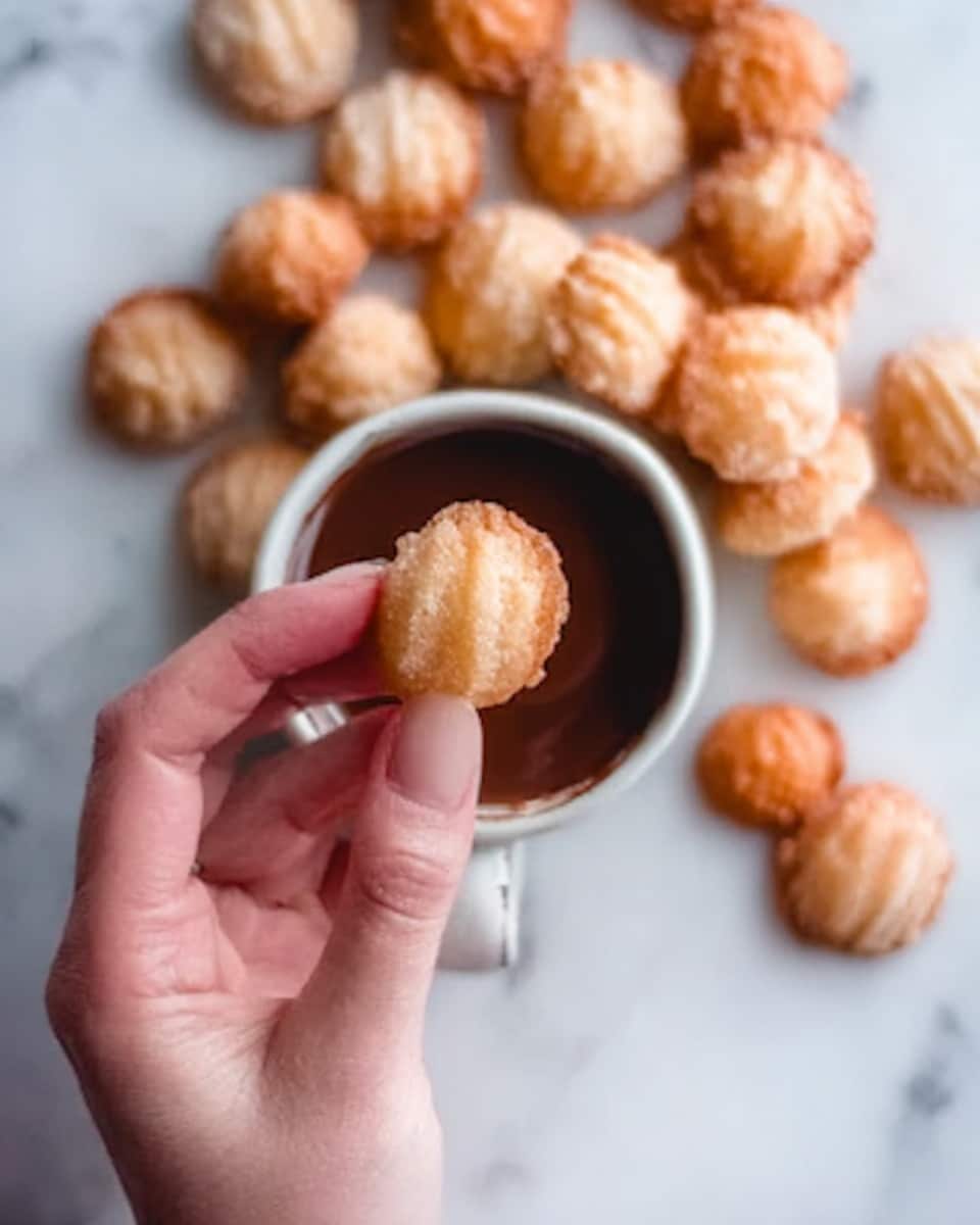 A woman's hand is holding a round, light brown snack that looks soft and slightly wrinkled. Below, there is a white cup filled with a dark brown liquid, likely chocolate. Around the cup, many more of the same round snacks are spread out on a white marbled surface. The cookies have a rough texture and are light golden brown in color. The photo has soft lighting and a close-up focus. photo taken with an iphone --ar 4:5 --v 7