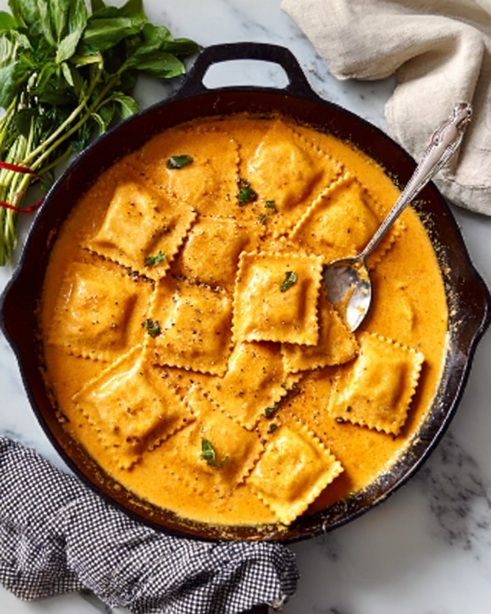 The image shows a black cast iron pan filled with golden yellow ravioli in a smooth creamy orange sauce. The ravioli pieces are square with crimped edges, evenly spread in one layer covering the pan. A silver spoon rests inside the pan on the right side, lifting some ravioli. Around the pan, there is a white marbled surface visible along with a folded gray and white checkered cloth on the left and a bundle of fresh green herbs at the top. A white cloth is folded in the top right corner. The light brings warm tones to the sauce and ravioli, making them look soft and tender. photo taken with an iphone --ar 4:5 --v 7