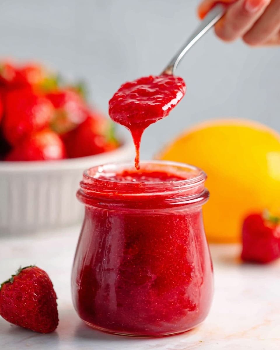 The image shows a clear glass jar filled with bright red strawberry jam that has a thick, slightly chunky texture. A silver spoon with red jam is held above the jar by a woman's hand, dripping some jam back into the jar. In the background, there is a white bowl filled with fresh strawberries and a bright yellow area, all set on a white marbled surface. The lighting highlights the shiny, sticky surface of the jam and the juicy strawberries. Photo taken with an iphone --ar 4:5 --v 7