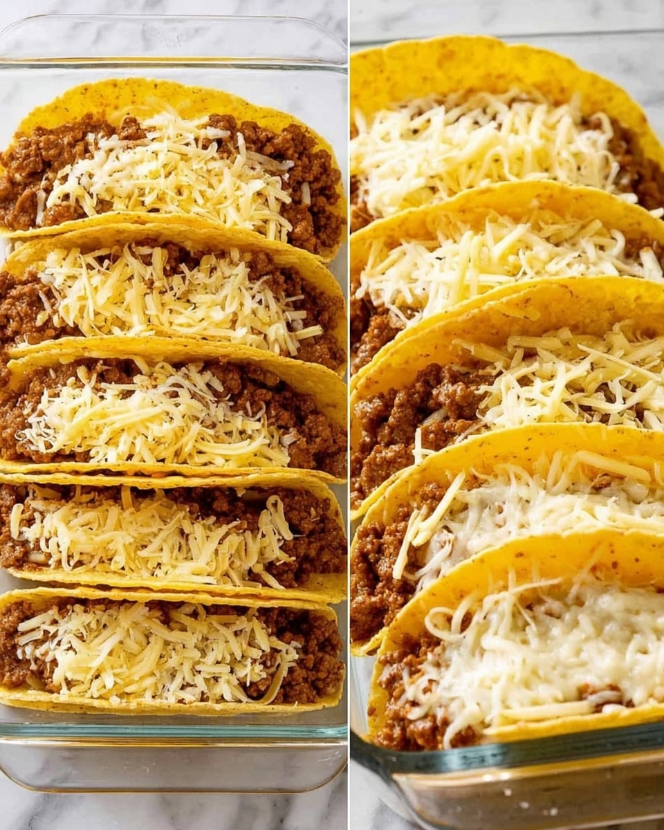 The image shows two views of yellow hard taco shells filled with a layer of cooked ground beef topped with shredded white cheese. On the left side, the tacos are arranged standing upright in a clear glass baking dish on a white marbled surface, with the cheese unmelted and loosely spread on top of the beef. On the right side, the tacos are placed close together lying flat, with the cheese melted and covering the beef filling in a smooth creamy layer. Photo taken with an iphone --ar 4:5 --v 7
