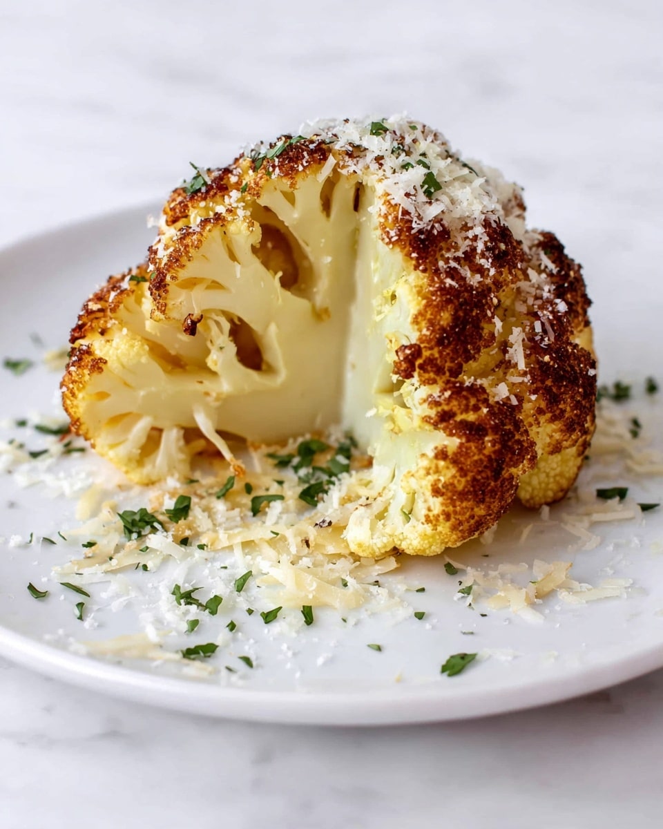 A single thick slice of roasted cauliflower with a golden brown, crispy outer layer sits in the center of a white plate. The cauliflower's inner part is pale yellow and soft, showing its natural texture with small florets. White grated cheese is sprinkled on top and around the cauliflower, with small green herb leaves scattered delicately over the edges and plate. The plate rests on a white marbled surface, giving a clean and bright look to the image. Photo taken with an iphone --ar 4:5 --v 7