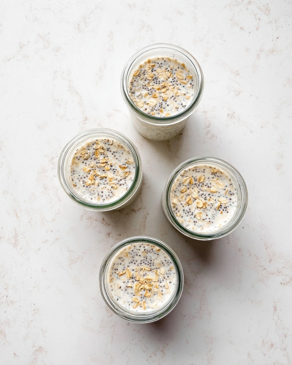 Four small clear glass jars filled with a creamy white liquid layered with visible small black chia seeds and light beige oats. The contents are mixed evenly, showing small clusters of oats and chia seeds throughout each jar. The jars are placed on a white marbled surface, arranged in a triangular shape with one jar at the top and three jars below it. There are no other items or decorations around the jars. Photo taken with an iphone --ar 4:5 --v 7