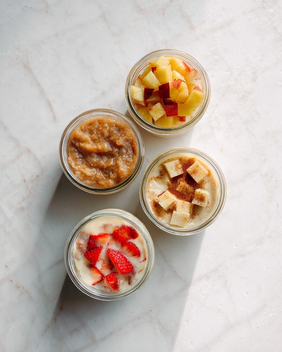 Four small clear glass jars are placed on a white marbled surface, arranged in a loose diamond shape. The top jar contains diced yellow and reddish fruit pieces with a light brown powder on top. The left jar has a thick, lumpy, light brown mixture, looking mushy and textured. The right jar holds small cubes of light cream and red-skinned fruit with a sprinkle of brown powder. The bottom jar contains a light creamy liquid topped with sliced red strawberries. photo taken with an iphone --ar 4:5 --v 7