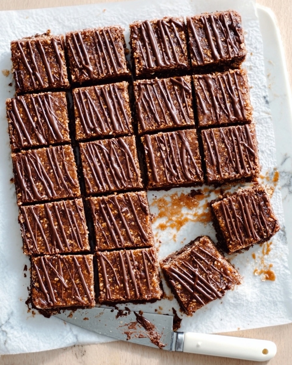 A white paper-covered tray holds a grid of 24 chocolate-topped dessert squares arranged in 4 rows and 6 columns, each square showing a crunchy, nutty base with a shiny, drizzled layer of chocolate on top creating thin stripes across all pieces. One square near the upper right corner is missing, and next to it lies a white knife with a silver blade smeared with chocolate crumbs on a white marbled surface. Photo taken with an iphone --ar 4:5 --v 7