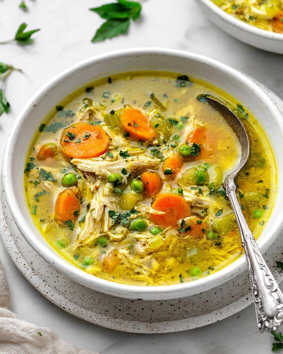 A white bowl filled with chicken soup, showing clear layers of shredded light yellow chicken pieces, bright orange carrot slices, and small green peas in a golden-yellow broth. The soup has chopped green herbs sprinkled on top, adding texture and color. A silver spoon with a detailed handle rests inside the bowl. The bowl sits on a white speckled plate on a white marbled surface. Some green herb leaves are scattered around the setting. Photo taken with an iphone --ar 4:5 --v 7