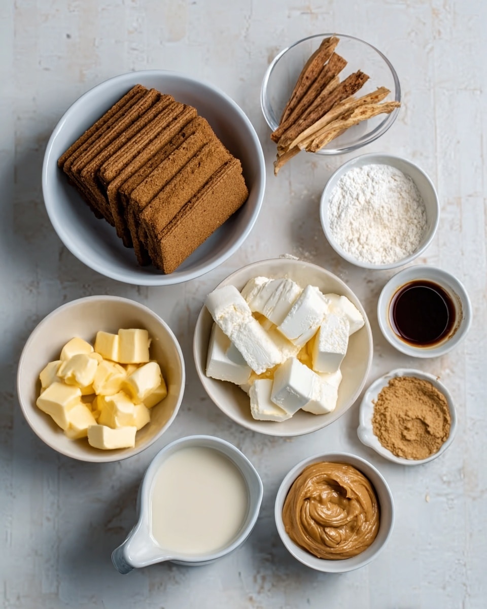 The image shows multiple white bowls arranged on a white marbled surface, each containing different ingredients for a recipe. One bowl is filled with dark brown rectangular biscuits stacked neatly, another has white powder likely to be flour, and a smaller bowl contains brown sticks or roots. There is a clear white bowl with large white blocks that look like cream cheese or paneer. A medium bowl holds pieces of yellow butter cubes, while a smaller bowl contains a dark brown thick substance resembling peanut butter. A white mug or jug filled with a creamy white liquid sits to the side, and a small white cup holds a dark brown liquid, possibly coffee or syrup. The whole setup is clean and organized. photo taken with an iphone --ar 4:5 --v 7