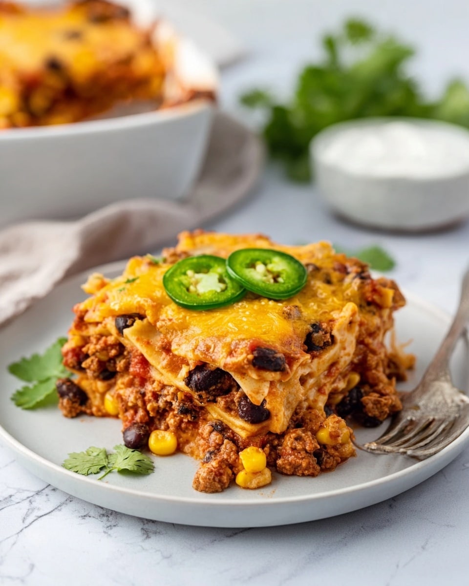 A white plate on a white marbled surface holds three layers of lasagna. The bottom layer is soft pasta with melted yellow cheese and visible bits of red and brown minced meat mixed with black beans and corn. The middle layer features pasta with sauce, beans, and corn spread evenly, also topped with melted cheese. The top layer has a golden-brown melted cheese crust, garnished with two thin green jalapeño slices and a small sprig of fresh cilantro. In the background, there is a woman’s hand holding a fork near the plate and a white bowl filled with more of the same dish. Photo taken with an iphone --ar 4:5 --v 7