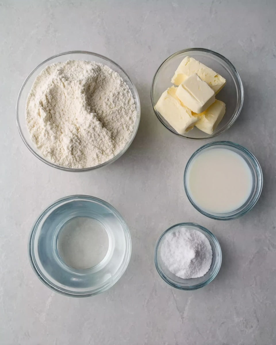 The image shows five small clear glass bowls arranged on a white marbled surface. The largest bowl, on the left, is filled with white flour, showing a slightly rough texture. Next to it, a medium bowl contains white solid butter with a creamy, soft appearance. Another medium bowl on the top right holds smooth white milk. Below, a smaller bowl filled with clear water sits at the center bottom. To the right of the water bowl, a small bowl has white salt and baking soda mixed together with a fine, powdery look. photo taken with an iphone --ar 4:5 --v 7