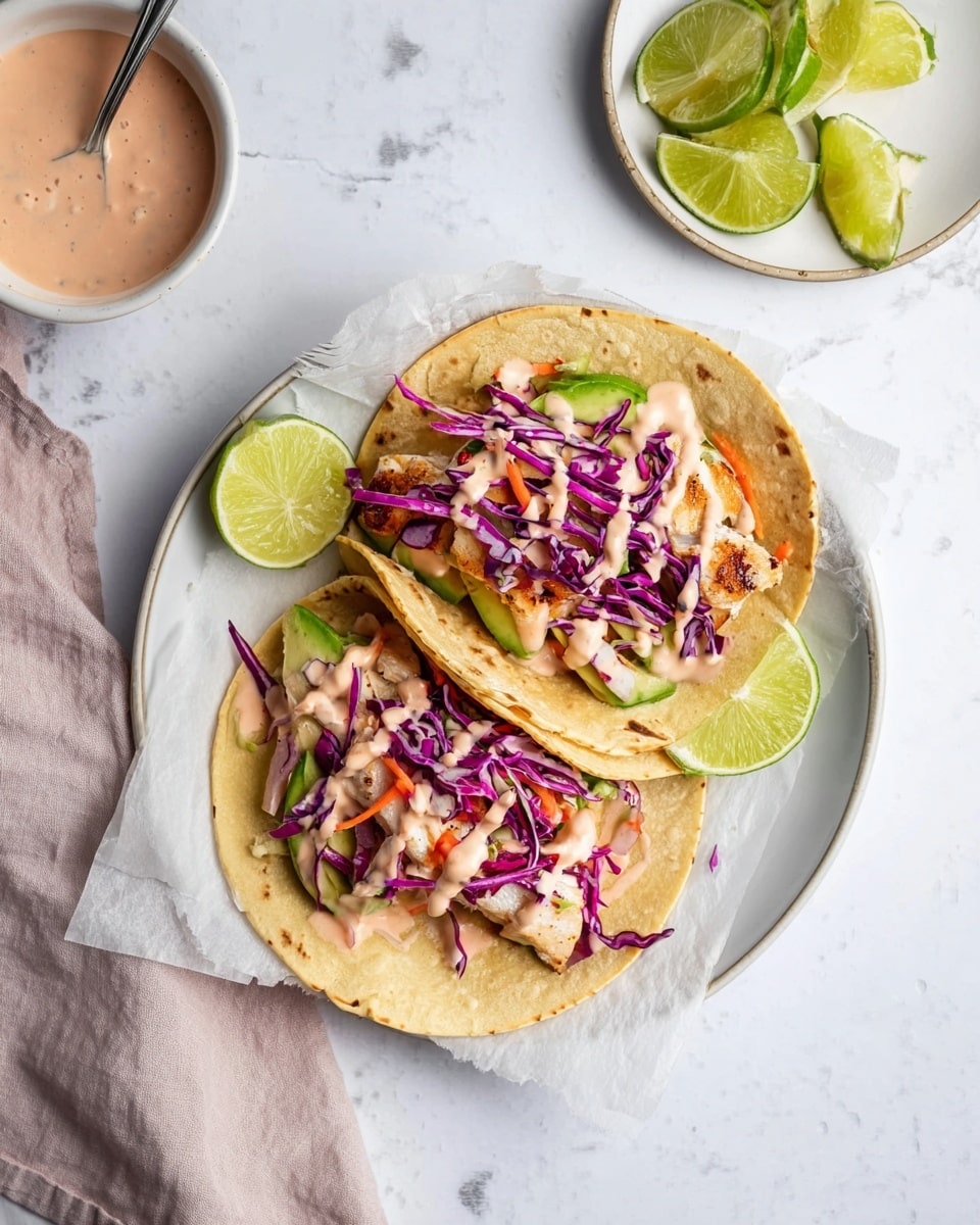 Two soft tortillas lie side by side on a white plate lined with parchment paper, each layered with slices of green avocado at the bottom, followed by pieces of light brown cooked fish. On top of the fish is a generous amount of shredded purple cabbage mixed with small bits of red and orange vegetables. The dish is finished with a light pink sauce drizzled over everything, and a lime wedge rests on the edge of one tortilla. The plate is set on a white marbled surface, with a small white plate holding lime slices above it and a pale pink bowl with some sauce and a silver spoon to the left. Photo taken with an iphone --ar 4:5 --v 7