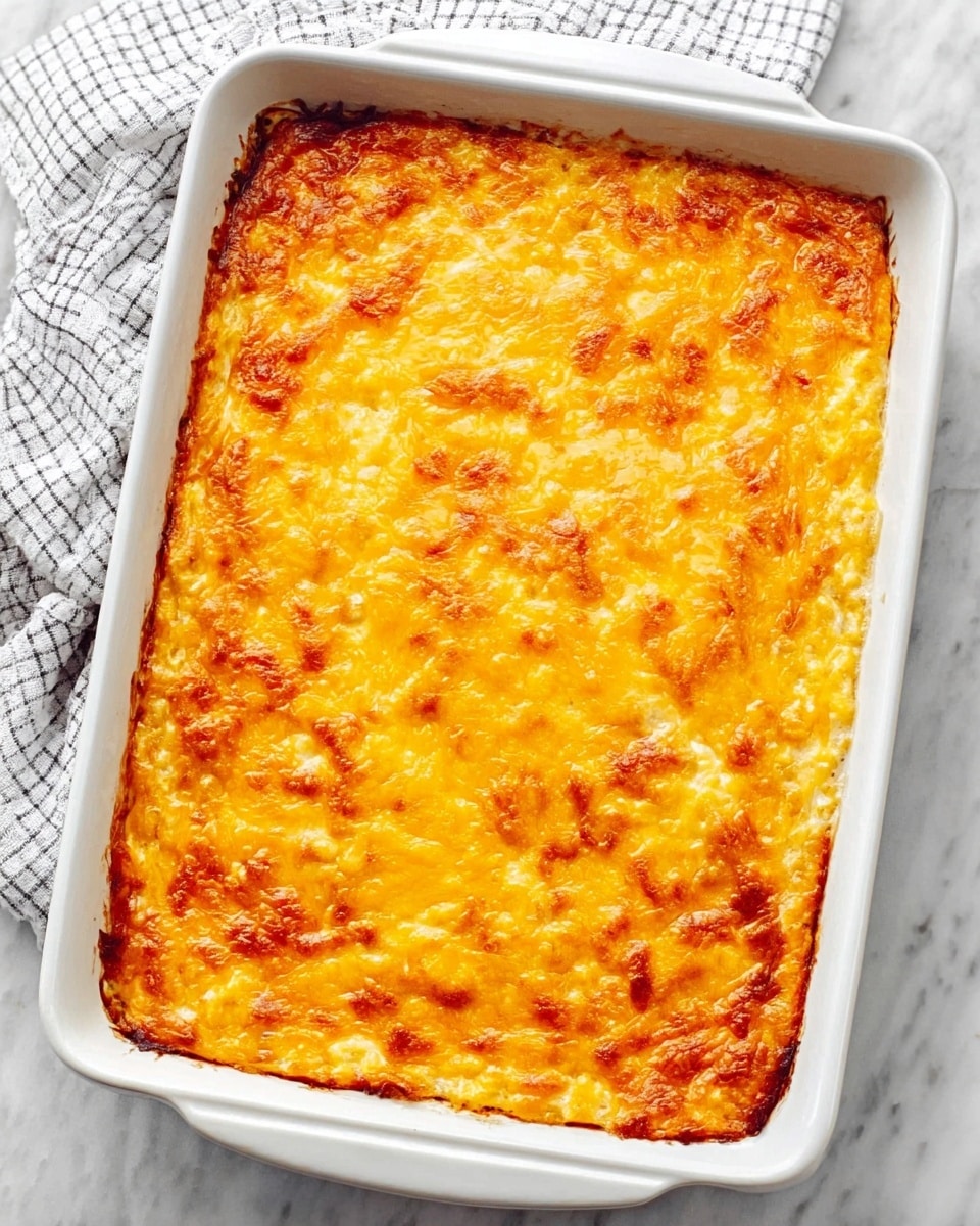 This image shows a rectangular white ceramic baking dish filled with a baked dish that has a thick, even layer of melted golden orange cheese covering the entire surface. The cheese layer is slightly bubbly and crisp around the edges, with a smooth, shiny texture in the middle. The dish is placed on a white marbled surface, and a white and gray checkered cloth is partially visible on the upper left side. Photo taken with an iphone --ar 4:5 --v 7
