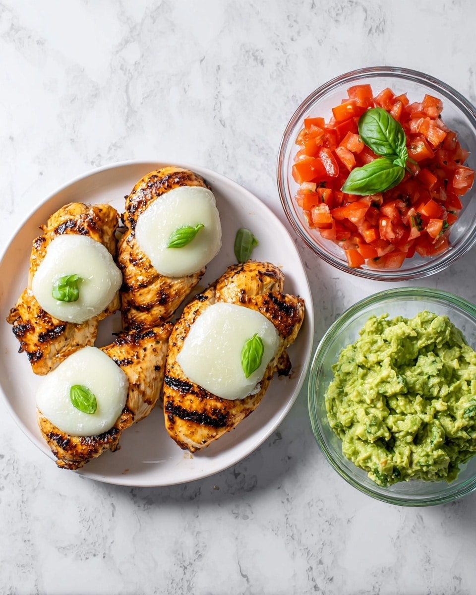 The image shows a white plate with four grilled chicken pieces, each topped with a smooth, round slice of white cheese. To the right of the plate, there are two clear glass bowls on a white marbled surface. The top bowl contains chopped red tomatoes with a green basil leaf garnish, and the bottom bowl holds chunky green guacamole with visible avocado texture. The whole setup is bright and neatly arranged. photo taken with an iphone --ar 4:5 --v 7