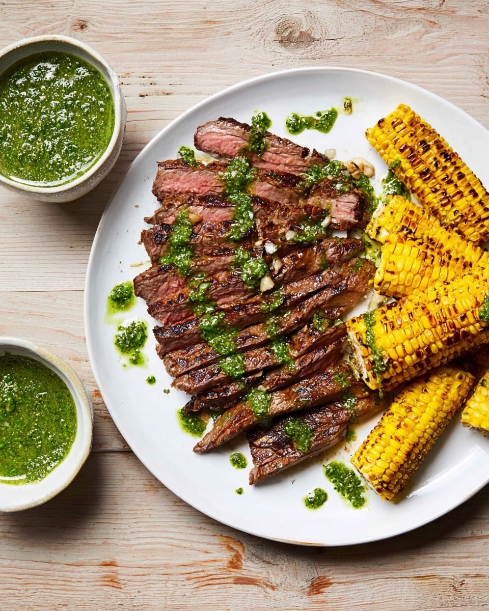 A white plate holds a layer of sliced steak, arranged slightly overlapping in a fan shape showing its brown grilled edges and pink inside. Bright green sauce is spooned over the steak in an uneven line and small blobs scattered around. To the right on a white plate, there are several pieces of grilled corn with toasted yellow and brown kernels stacked casually. Below that, a small white bowl contains more of the same green sauce, thick and textured. All dishes sit on a light wooden surface with visible grain. Photo taken with an iphone --ar 4:5 --v 7