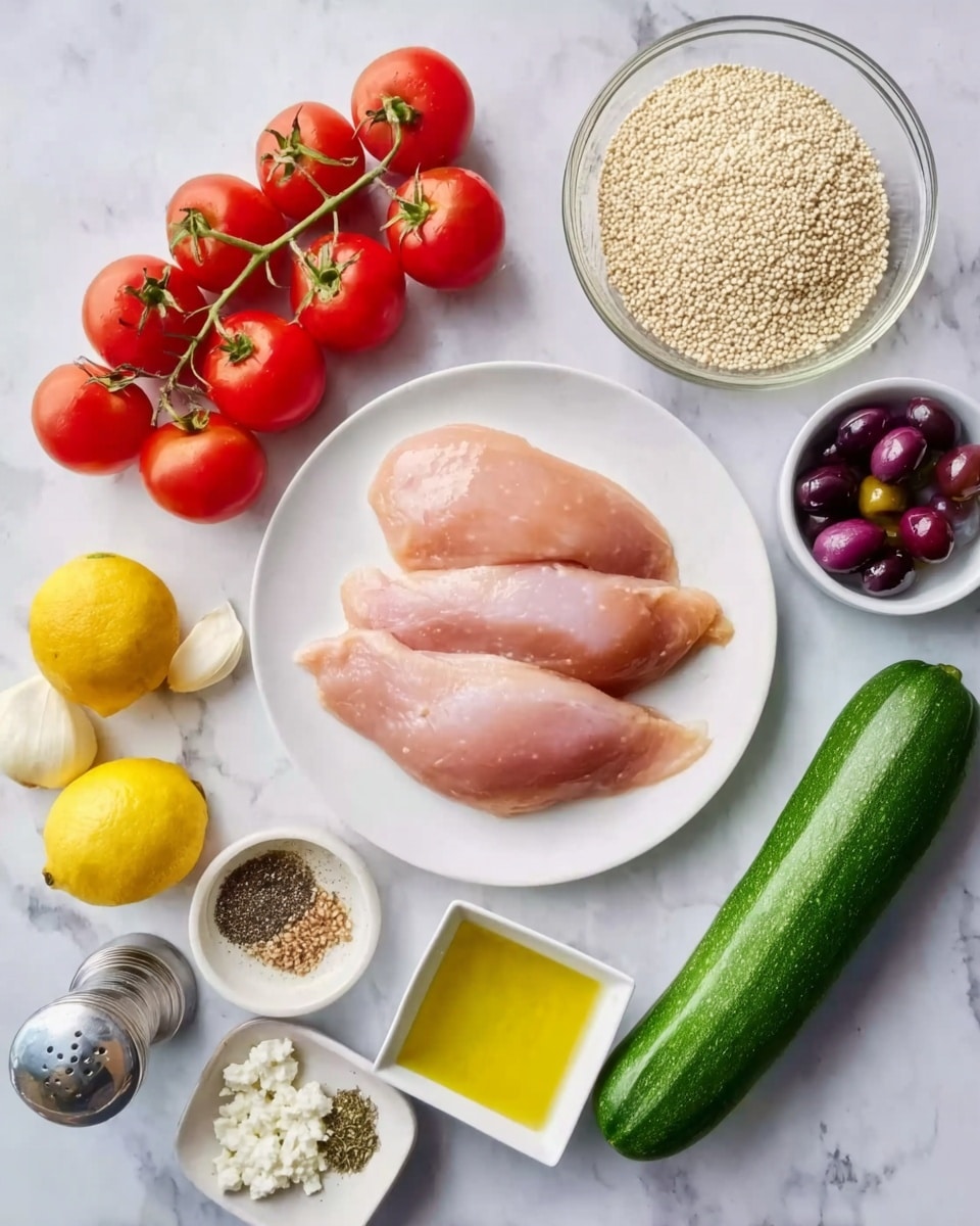 The image shows a white round plate in the center with three smooth raw chicken pieces, light pink in color and shiny, placed side by side. Around the plate on a white marbled surface are several fresh ingredients: a cluster of bright red tomatoes with green stems to the left, two yellow lemons nearby, a dark purple small onion, two cloves of garlic, a clear small bowl with white crumbled cheese, a large long green cucumber to the right, a small white bowl with dark purple olives, another small white bowl with light lemon-yellow liquid, a rectangular white dish filled with small pale beige grains, and two small white bowls containing black pepper and a greenish herb. There is also a glass bottle with olive oil and a metallic pepper grinder near the bottom left. photo taken with an iphone --ar 4:5 --v 7