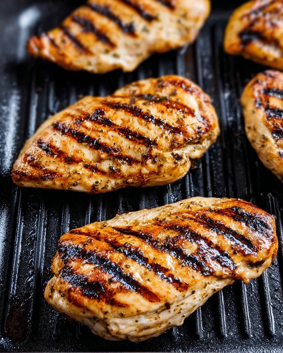 The image shows four grilled chicken pieces cooking on a dark grill pan with parallel grill marks in a deep brown color covering each piece. The chicken is cooked to a light golden brown with charred black stripes, creating a pattern of crispy textures against the smooth, tender meat. The grill pan's ridges create thin dark blue to black lines between the chicken, contrasting with the warm tones of the chicken. The surface under the grill pan is not visible. photo taken with an iphone --ar 4:5 --v 7
