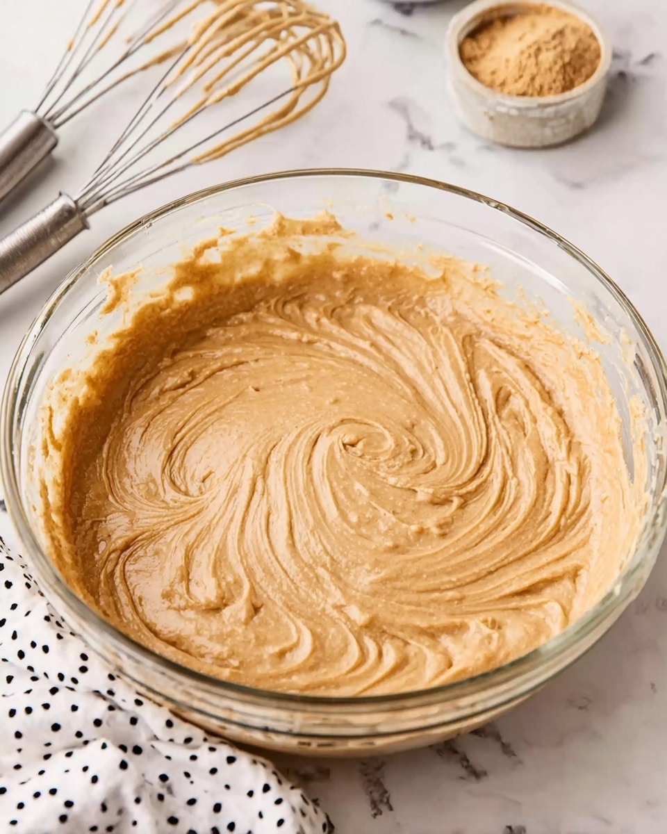 A clear glass bowl filled with thick, smooth, light brown batter with visible swirl patterns from mixing, sitting on a white marbled surface. In the background, there are two metal beaters with some batter on them and a small round container filled with light brown powder. A white cloth with black polka dots is placed near the bowl. The batter has a creamy texture and covers the bottom and sides of the bowl evenly. photo taken with an iphone --ar 4:5 --v 7