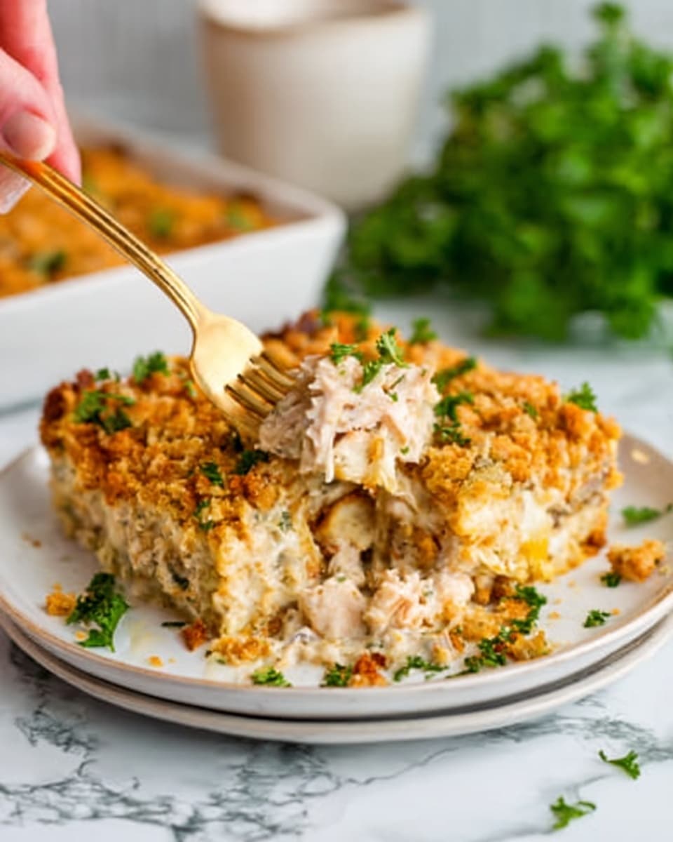 A white plate with two slices of a baked dish topped with a golden brown crumbly layer, showing a creamy interior with chunks of light-colored meat and small pieces of green parsley on top and around it. A woman's hand is holding a gold fork, lifting a piece of the dish to show its soft texture inside. The background has a white marbled surface, with a blurred green plant and a white cup in soft focus. Photo taken with an iphone --ar 4:5 --v 7