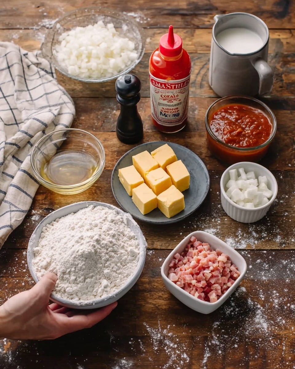 A woman's hand is holding a white bowl filled with white flour in the lower left corner. On the rough brown wooden surface, from left to right, there is a small round glass bowl of translucent oil, a small round white bowl with several yellow butter cubes, and a glass bottle of red hot sauce with a red cap labeled