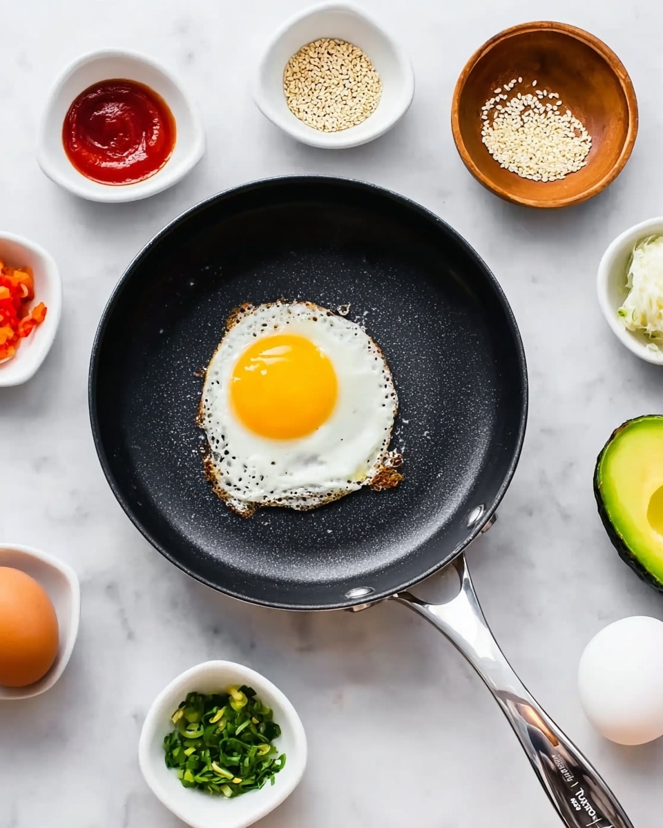 A small black frying pan with a silver handle contains one fried egg with a bright yellow yolk in the center, surrounded by firm white egg whites. Around the pan on a white marbled surface are six small white bowls with different ingredients: red sauce, sesame seeds, green chopped herbs, white minced garlic, a half slice of avocado, and a whole white egg in a brown bowl. The setup looks clean and bright with all items neatly placed. photo taken with an iphone --ar 4:5 --v 7