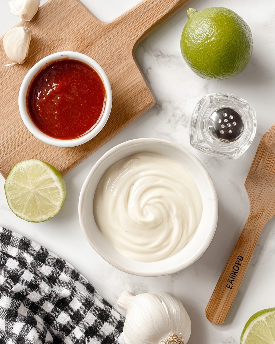 Two white bowls sit on a white marbled surface; the larger bowl in the front contains a thick, creamy, smooth white sauce with soft swirls, while the smaller bowl on a wooden cutting board behind it holds a red, slightly textured sauce with a shiny surface. Around the bowls are garlic cloves, a whole lime, a halved lime showing its green interior, and a clear salt grinder. A wooden spatula with the word