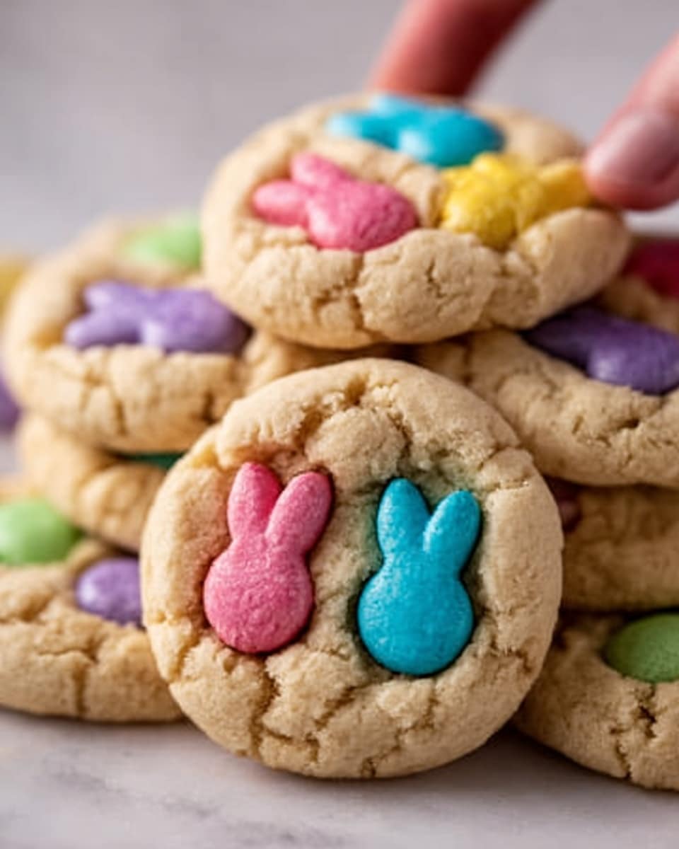 The image shows close-up of several soft cookies stacked and placed on a white marbled surface. Each cookie is light golden with a slightly cracked texture and has colorful bunny-shaped candies pressed in the center. The candies come in bright pastel colors including pink, blue, yellow, green, and purple, contrasting with the warm cookie color. One cookie is stacked on top of another to show depth, and there is a woman’s hand touching one cookie softly from the side. The overall look is cozy and colorful, with a natural light emphasizing the soft texture of the cookies and the shiny smooth surface of the candies. photo taken with an iphone --ar 4:5 --v 7