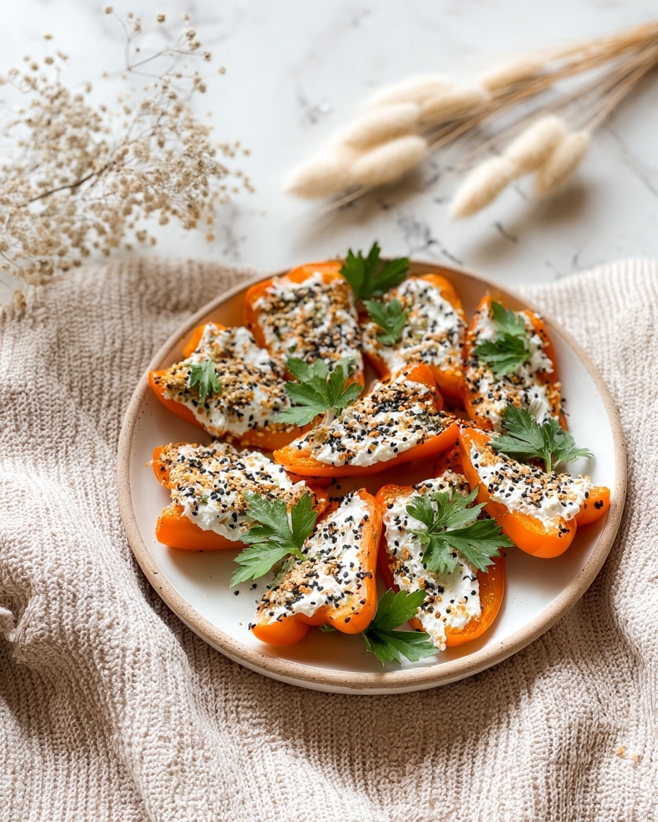 The image shows a white plate filled with orange mini bell pepper halves, each topped with a thick spread of white creamy cheese sprinkled with black and white seeds and spice mix. Bright green parsley leaves are placed on top of many pepper halves, adding a fresh touch. The plate rests on a soft beige textured fabric, with small decorative fluffy beige stems nearby. In the background, there are small white dried flowers on the white marbled surface. Photo taken with an iphone --ar 4:5 --v 7