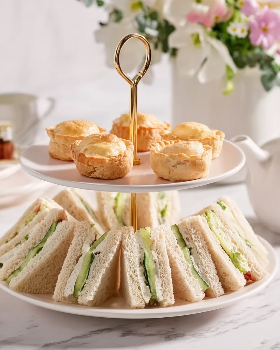 A two-tier white plate with a gold handle holds an assortment of snacks placed on a white marbled surface. The lower tier features neatly arranged triangular sandwiches with white bread, filled with green cucumber slices and cream-colored filling, showing three layers of sandwich pieces. The upper tier has three light golden brown pastries with a slightly fluffy texture, and two small tart-like items with a smooth, pale yellow filling. In the background, there is a blurred white teapot and soft pink and white flowers. The photo taken with an iphone --ar 4:5 --v 7