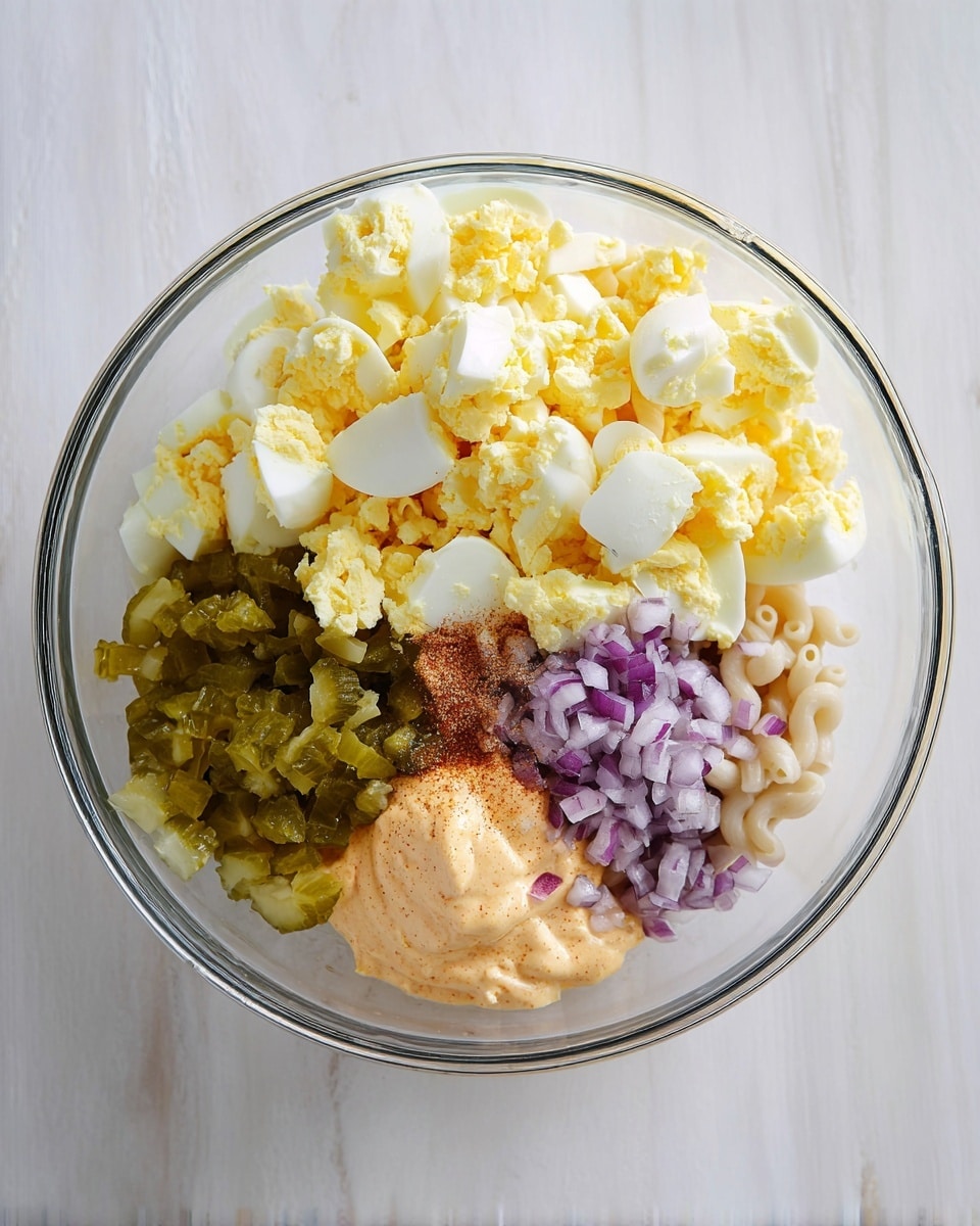 A clear glass bowl on a white marbled surface holds six visible layers of ingredients arranged in separate sections. On the left, a large pile of chopped hard-boiled eggs in white with bright yellow yolks fills nearly half the bowl. To the upper right, a small amount of pale beige macaroni pasta sits next to a heap of diced green pickles. Below the pickles, there is a portion of finely chopped purple-red onions. At the bottom center, two creamy layers overlap: a light orange mayonnaise-like sauce and a pale yellow mustard. There is also some light brown seasoning sprinkled near the middle of the bowl. The composition is clean and bright, showing texture contrasts in the soft eggs, crispy pickles, and creamy sauces. Photo taken with an iphone --ar 4:5 --v 7