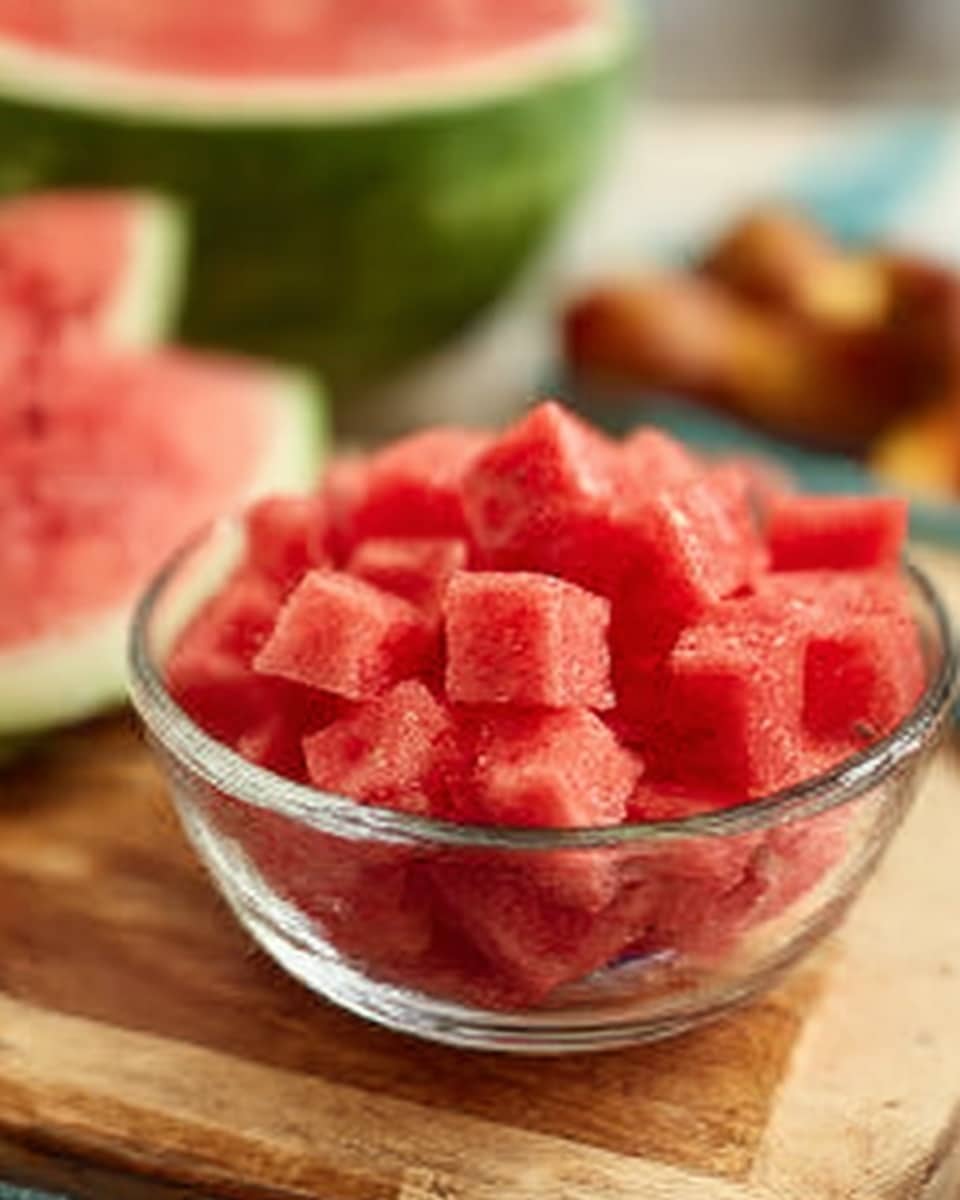 A clear glass bowl filled to the top with small, bright red watermelon cubes sits on a wooden surface. To the left, a half watermelon with a green rind and red inside is visible, and in the background, some other blurred fruits are seen. The image has a bright, natural light with a focus on the fresh watermelon pieces. photo taken with an iphone --ar 4:5 --v 7