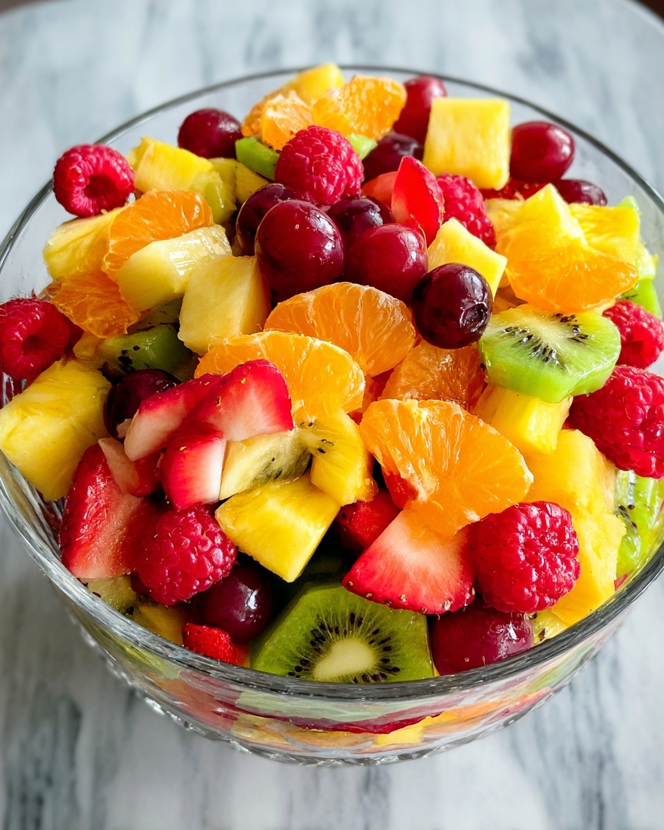 A clear glass bowl filled with many pieces of fresh fruit, including orange mandarin slices, green kiwi slices, red raspberries and strawberries, yellow mango chunks, red grapes, and light yellow pineapple pieces, all mixed together. Above the bowl, a clear measuring cup is pouring a yellow-green liquid dressing with small herb bits over the fruit. The bowl sits on a woven mat on a white marbled surface. photo taken with an iphone --ar 4:5 --v 7