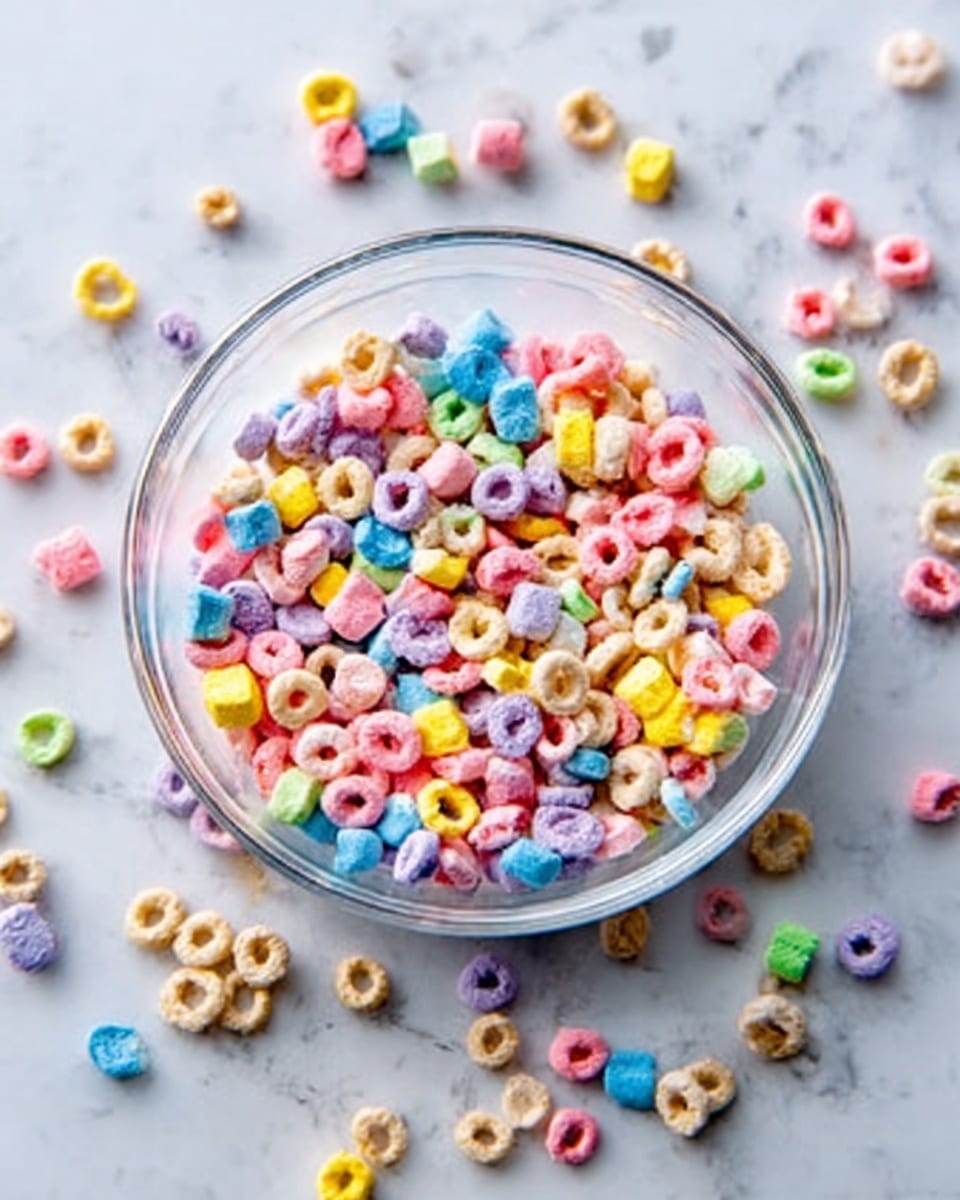 A clear glass bowl sits on a white marbled surface, filled with colorful, small marshmallows in pink, yellow, blue, and purple, mixed with light beige cereal pieces shaped like small loops. Around the bowl, more of the cereal pieces and a few marshmallows are scattered randomly. The colors are bright and contrast with the clear bowl and white marbled background. Photo taken with an iphone --ar 4:5 --v 7