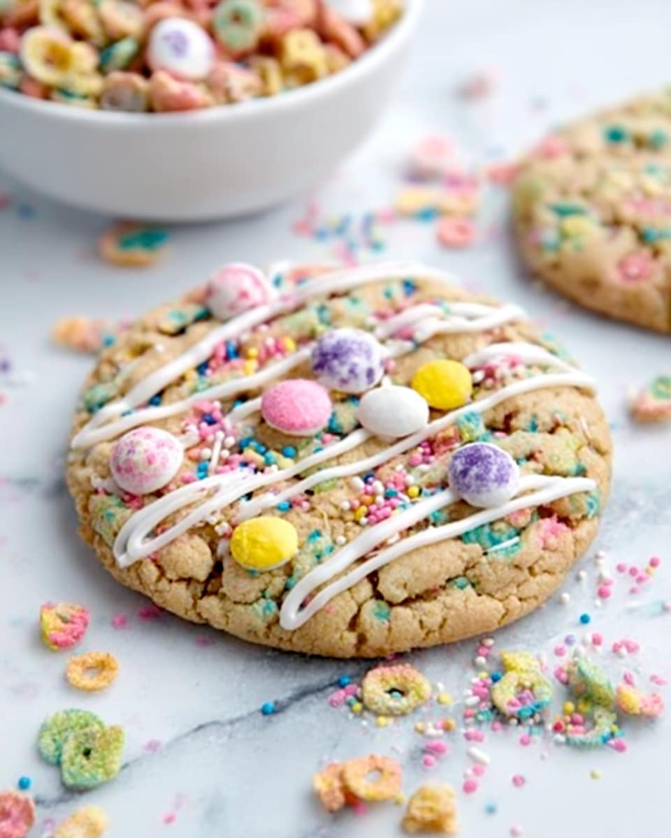 A single large cookie rests on a white marbled surface, featuring colorful cereal pieces mixed evenly into its soft, light brown dough. On the top of the cookie, white icing is drizzled in thin lines, with scattered small round pastel and bright sprinkles in pink, yellow, purple, and white adding a festive touch. Around the cookie, loose multicolored cereal and sprinkles are scattered randomly, enhancing the playful and sweet vibe. Behind the cookie, part of a white bowl filled with more cereal pieces is visible, matching the loose cereal on the surface. The photo taken with an iphone --ar 4:5 --v 7