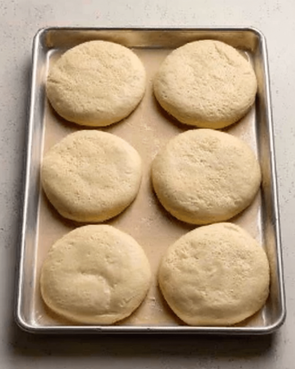 The image shows seven round doughs placed on a baking sheet. Each dough is light beige with small popped bubbles on the smooth surface. The doughs are arranged in two rows, with four in the back row and three in the front row. The baking sheet is silver metal sitting on a white marbled texture. The doughs look ready to be baked, soft and slightly thick, with no toppings or decorations. Photo taken with an iphone --ar 4:5 --v 7