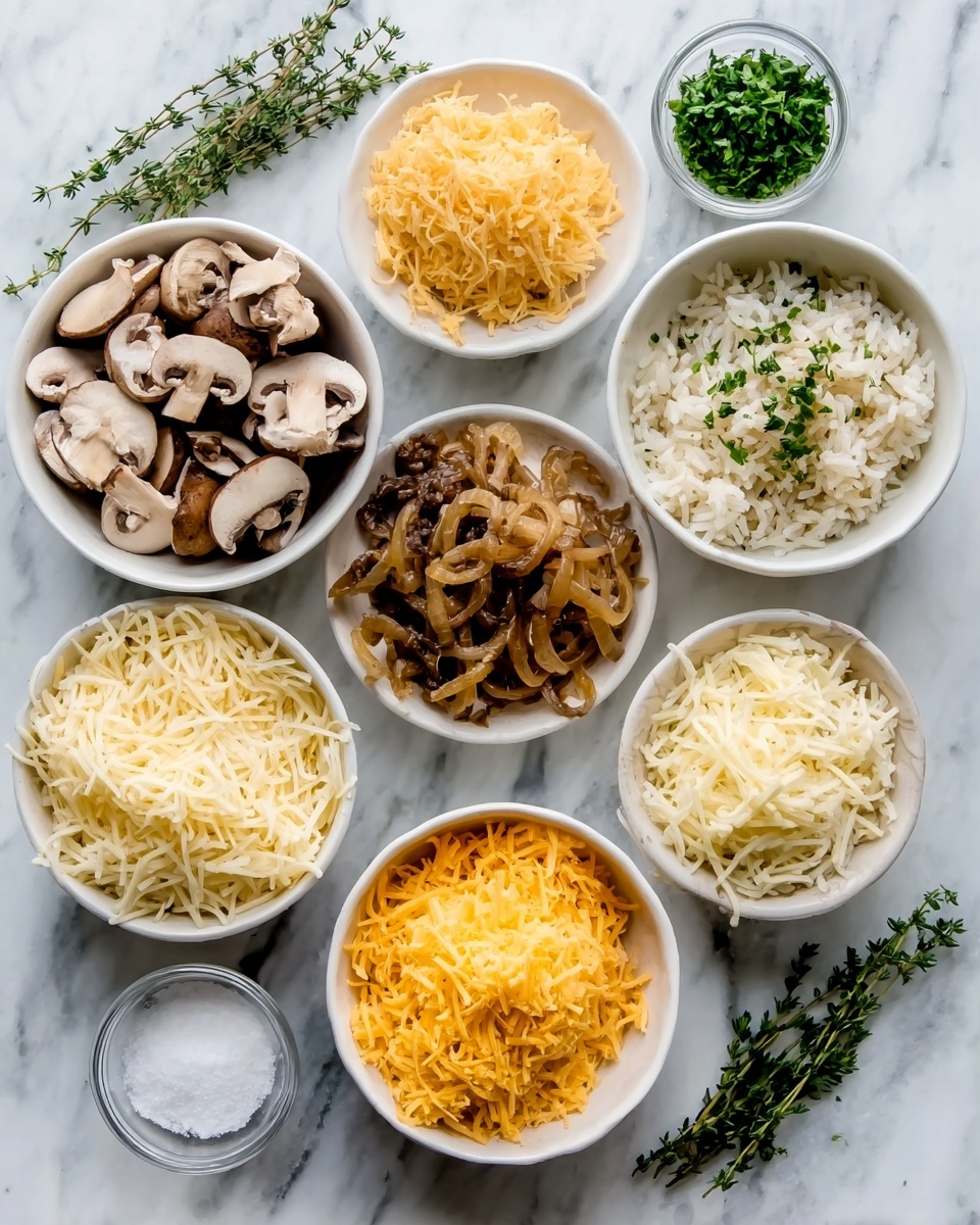A white marble surface holds eight white bowls arranged in a loose circle. The top left bowl is filled with sliced brown mushrooms with a soft, matte texture, their edges uneven and natural. To its right, a bowl contains shredded bright orange cheese, fluffy and fine in texture. Below that, a larger white bowl holds fluffy cooked rice with parsley scattered on top, the grains light and separated. Moving left, a bowl is filled with caramelized, thinly sliced onions, shiny with a brown golden color. Another bowl contains a fluffy yellow shredded cheese with a soft texture. To the far left, shredded white cheese is piled high, soft and stringy. Below it, a very small bowl holds white powder, likely salt. Next to it, a small bowl contains finely chopped fresh green herbs. The bowls are set on a clean white marble surface with two sprigs of fresh green thyme casually placed on the marble for decoration, photo taken with an iphone --ar 4:5 --v 7