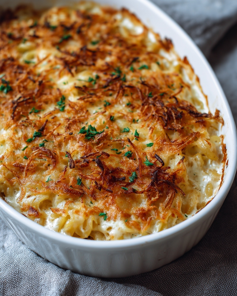 This image shows a white casserole dish filled with a baked dish that has three visible layers: the bottom layer is creamy mixed pasta in light beige color, the middle layer is melted cheese in a slightly golden shade, and the top layer is crispy fried onions in varied brown tones with scattered small green parsley pieces on top. The dish is on a soft grey cloth, and the background is a white marbled surface. Photo taken with an iphone --ar 4:5 --v 7