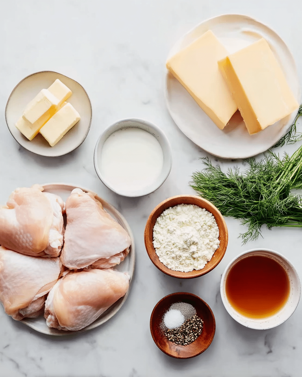 The image shows a white marbled surface with several white bowls and plates arranged neatly. One white plate holds four raw pale pink chicken thighs with smooth skin. There is a small white bowl with fresh green dill on the right side. Nearby, a white bowl contains white cream. Two small brown wooden bowls hold minced garlic and white flour, positioned in the middle. Another small wooden bowl has black pepper next to a slightly larger bowl filled with reddish-brown liquid, likely broth or sauce. Two large blocks of pale yellow cheese rest on a white plate at the top, and a small white dish with two pieces of pale yellow butter is also visible. photo taken with an iphone --ar 4:5 --v 7
