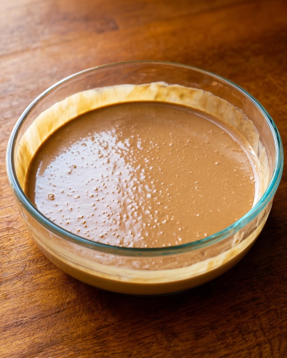 A clear glass bowl filled with a single layer of smooth, light brown pudding with small bubbles on the surface sits on a wooden table. The pudding has a creamy texture, and the light reflects softly on the glass edges, showing the thickness of the dessert inside. The white marbled texture is not visible here as the surface is wooden. The bowl is round and shallow, emphasizing the even spread of the pudding inside. Photo taken with an iphone --ar 4:5 --v 7