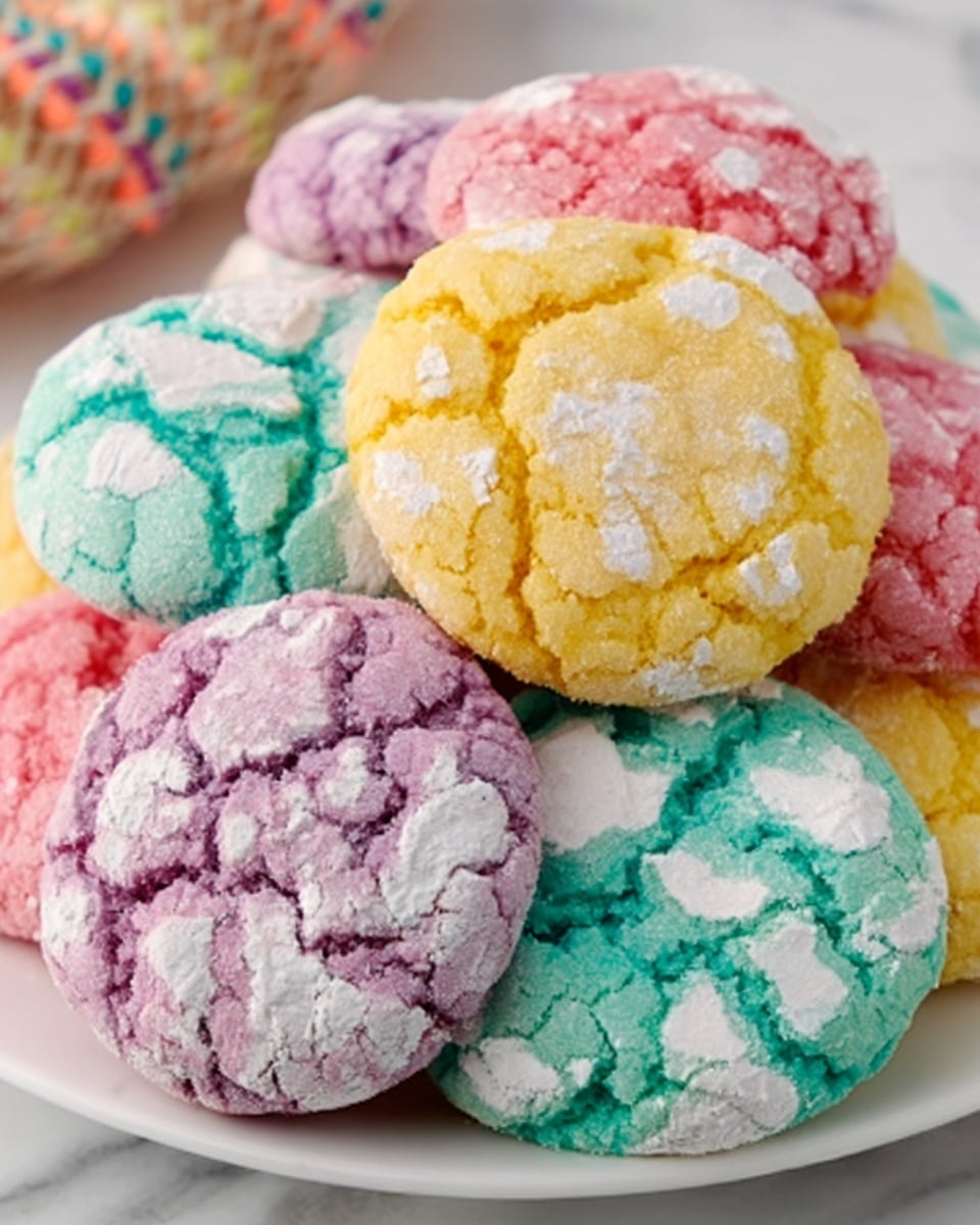 The image shows a close-up of colorful crinkle cookies arranged in a pile. There are five cookies clearly visible in the front with cracked white powdered sugar on top, each cookie having a different bright color: light purple, turquoise blue, pink, yellow, and light green. The cookies are textured with small cracks revealing their soft, chewy inside under the powdered sugar dusting. They are placed on a white plate sitting on a white marbled surface. A pastel woven basket is faintly seen in the background. photo taken with an iphone --ar 4:5 --v 7