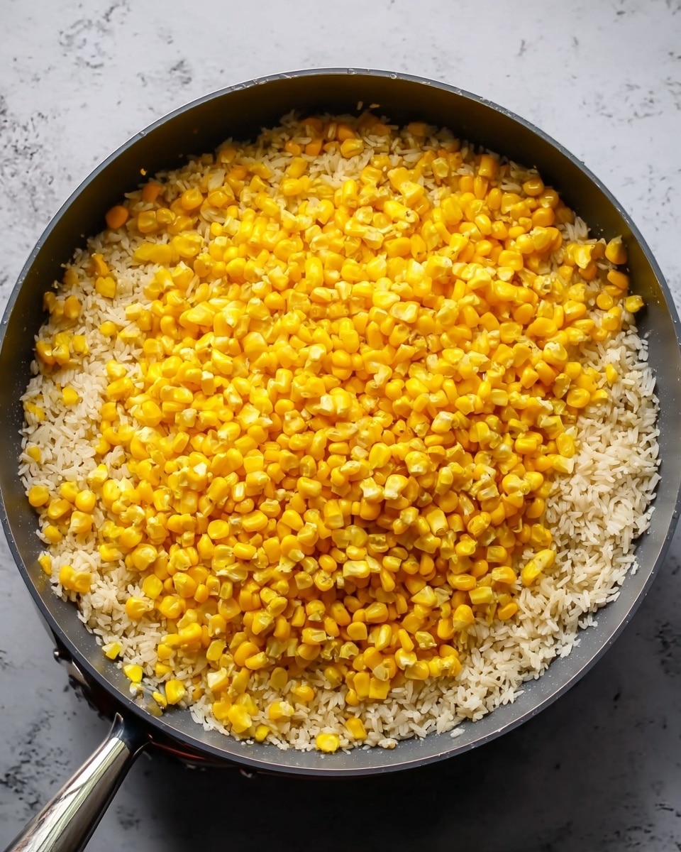 A large dark grey pan filled with two layers: the bottom layer is light tan cooked rice with a fluffy texture, and the top layer is bright yellow corn kernels evenly spread across the rice, showing a fresh and juicy look. The pan has a shiny metal handle and is placed on a white marbled surface. photo taken with an iphone --ar 4:5 --v 7