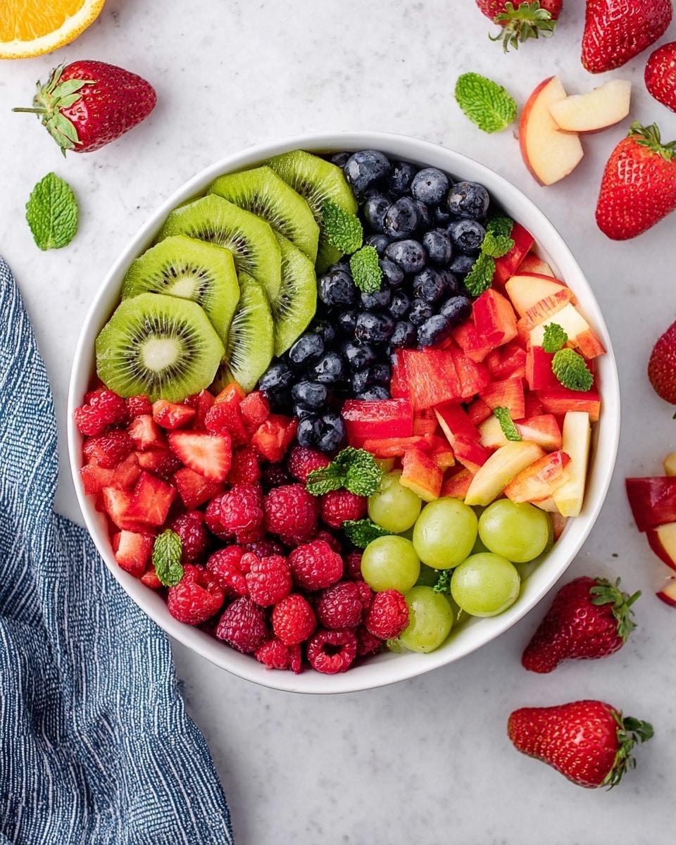 A white bowl filled with six sections of fresh fruit arranged neatly. Starting from the top left, there are curved slices of green kiwi with black seeds and bright green flesh; next, a cluster of dark blue, almost black blueberries with a shiny surface; to the right, thin slices of red and yellow apple mixed with small green mint leaves. Below that, a pile of green grapes, some whole and some cut in half, showing the juicy inside; next to them, red strawberries cut in halves and quarters, showing their bright red interior and seeds; and at the bottom left, a heap of red raspberries with a bumpy texture and bright green mint leaves scattered on top. The bowl is placed on a white marbled surface with more strawberries, grapes, kiwi, raspberries, and a grapefruit around it. A blue and white striped cloth is visible at the top left corner. photo taken with an iphone --ar 4:5 --v 7