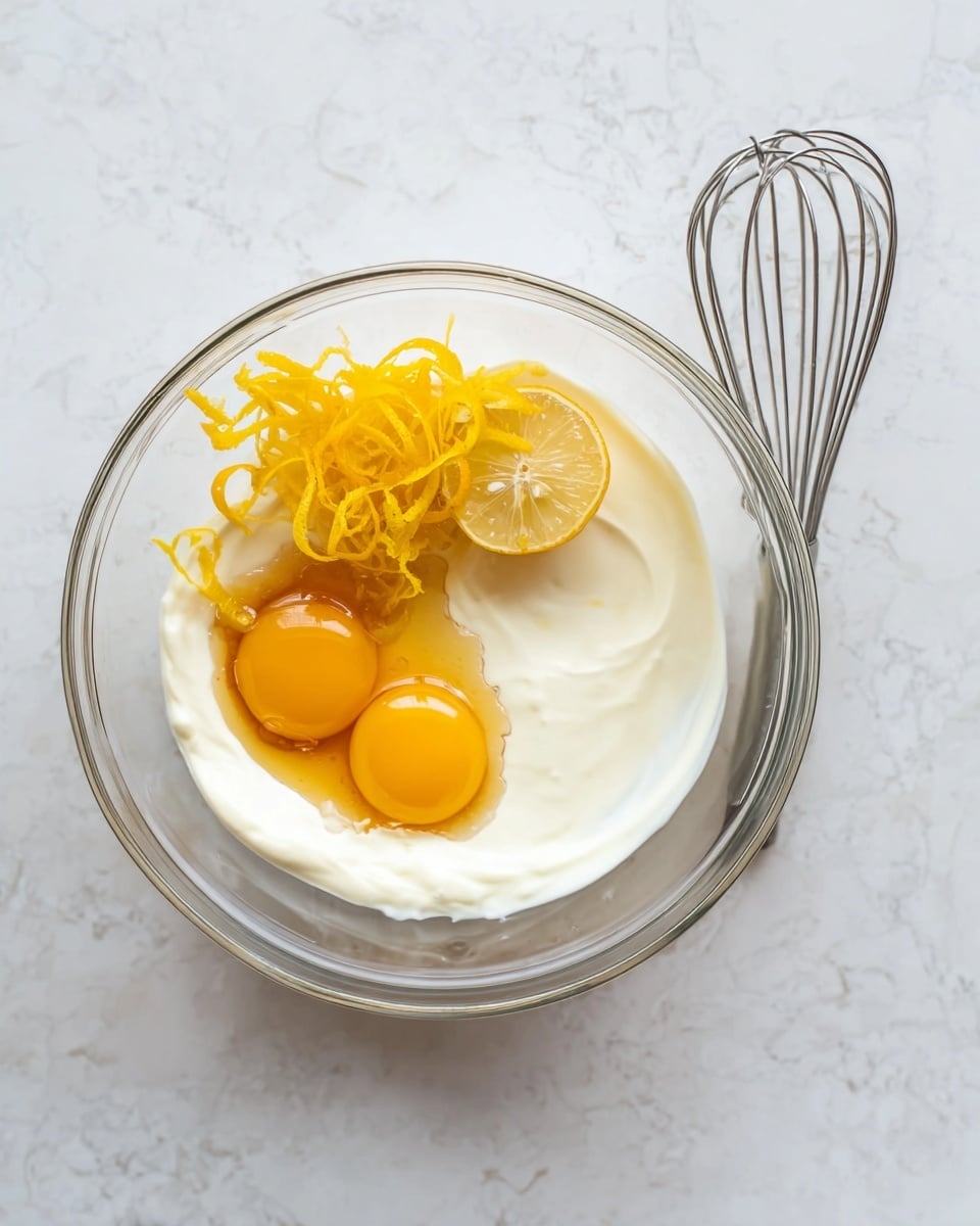 A clear glass bowl sits on a white marbled surface, filled with three main layers of ingredients. On the bottom left, there is a smooth white creamy layer, next to it on the right side two bright yellow egg yolks rest together with a medium-dark golden syrup pooling around them. On top of the white cream, near the center-left side of the bowl, are thin yellow lemon zest curls arranged loosely, with one small lemon slice showing its inner texture. To the right of the bowl, a shiny silver whisk lies on the marbled surface. photo taken with an iphone --ar 4:5 --v 7