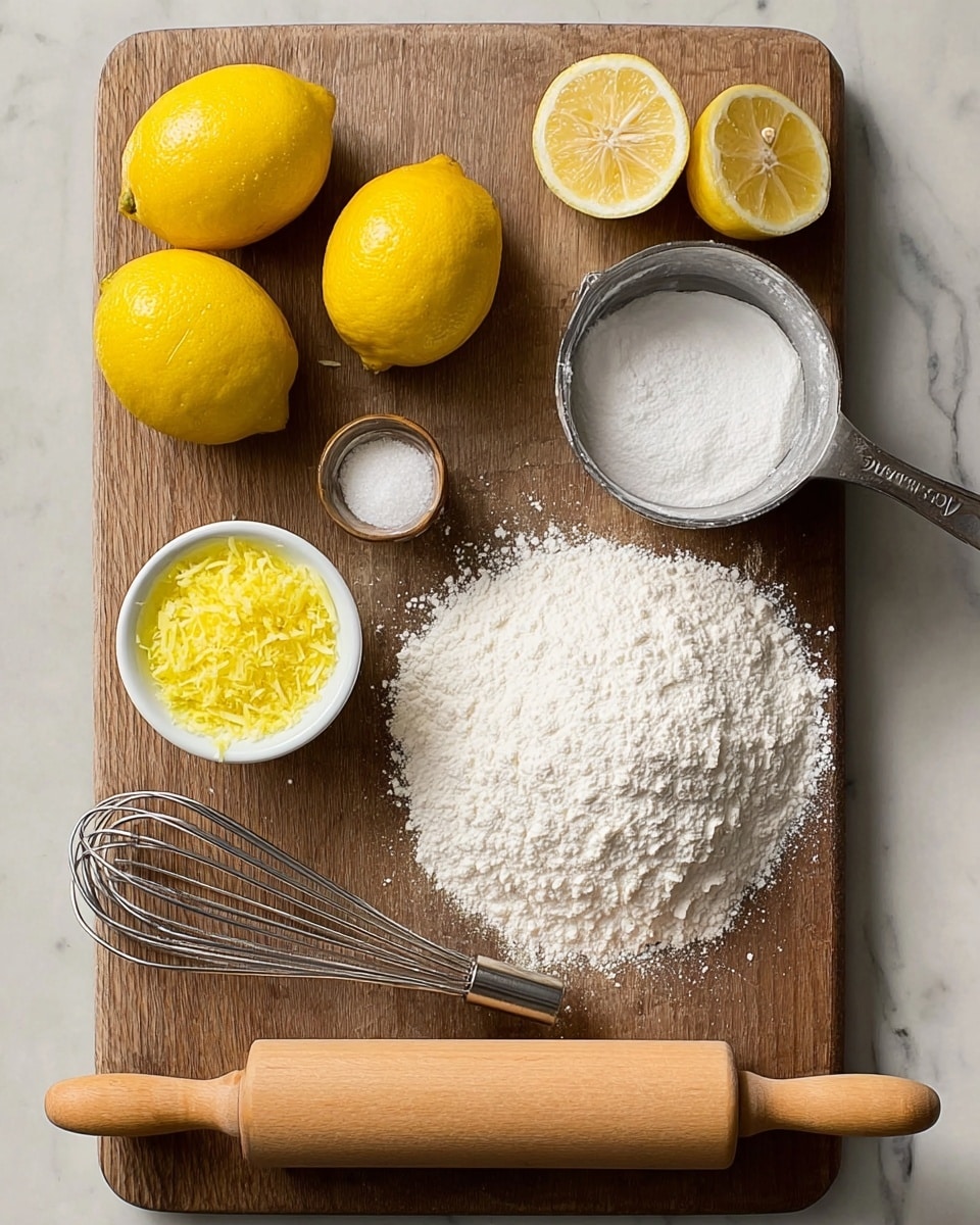 A wooden board holds several baking ingredients arranged neatly: at the top left are three whole bright yellow lemons, next to them are two lemon halves showing their juicy pale yellow inside. Below the lemons, a small white bowl contains bright yellow lemon zest. To the right of this bowl, a metal measuring cup filled with white granulated sugar sits next to a small pile of white baking soda. A large mound of white flour is spread in the middle right side of the board. Below these ingredients, a wooden rolling pin is placed horizontally, and underneath it, a metal whisk lies flat. The whole scene is placed on a white marbled surface. photo taken with an iphone --ar 4:5 --v 7
