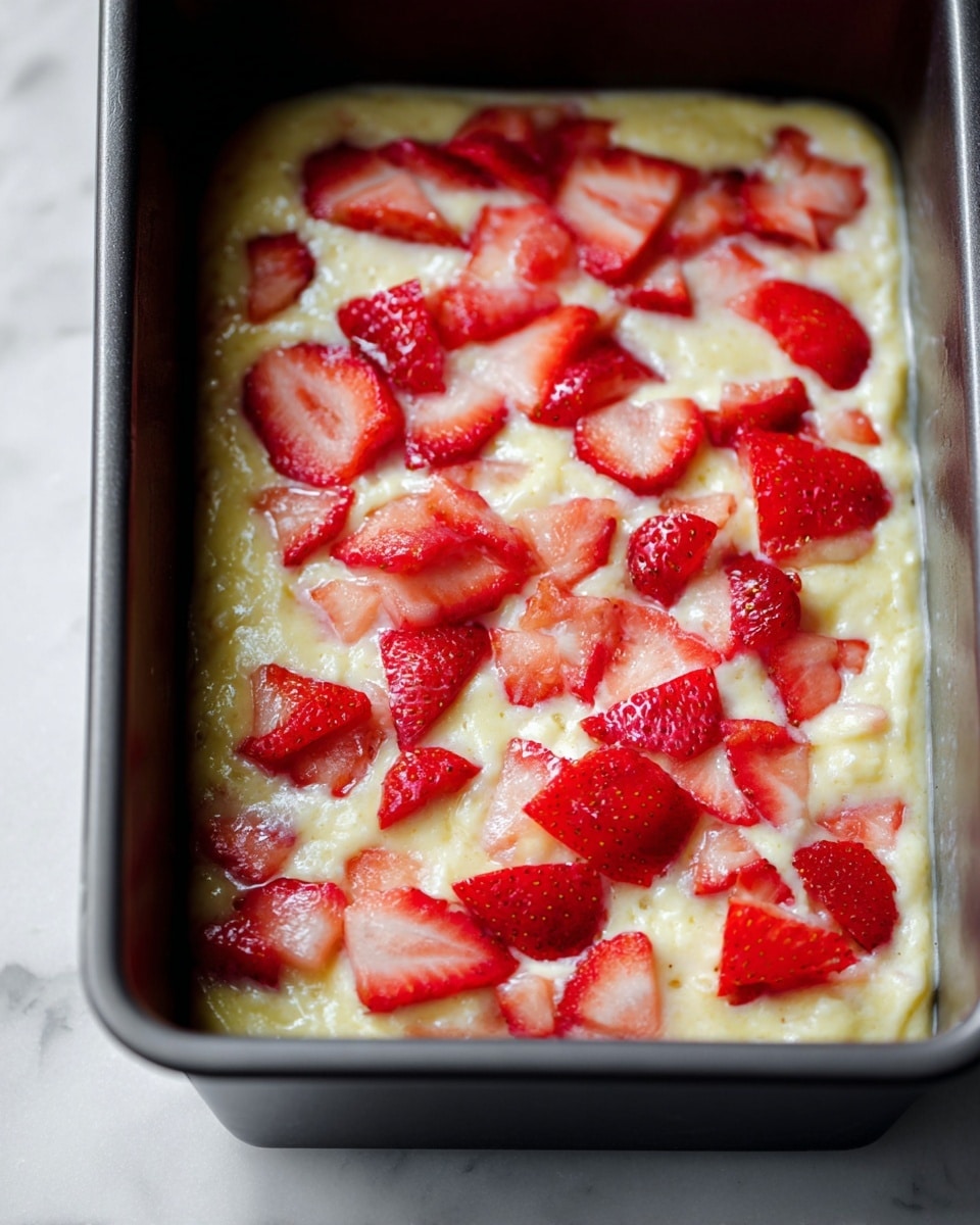 The image shows a close-up of a baking pan filled with one thick layer of creamy, pale yellow batter topped with fresh, bright red strawberry slices spread evenly across the surface. The texture of the batter looks smooth and soft, while the strawberries add a fresh, juicy contrast. The pan is on a white marbled surface, giving a clean and bright background. photo taken with an iphone --ar 4:5 --v 7