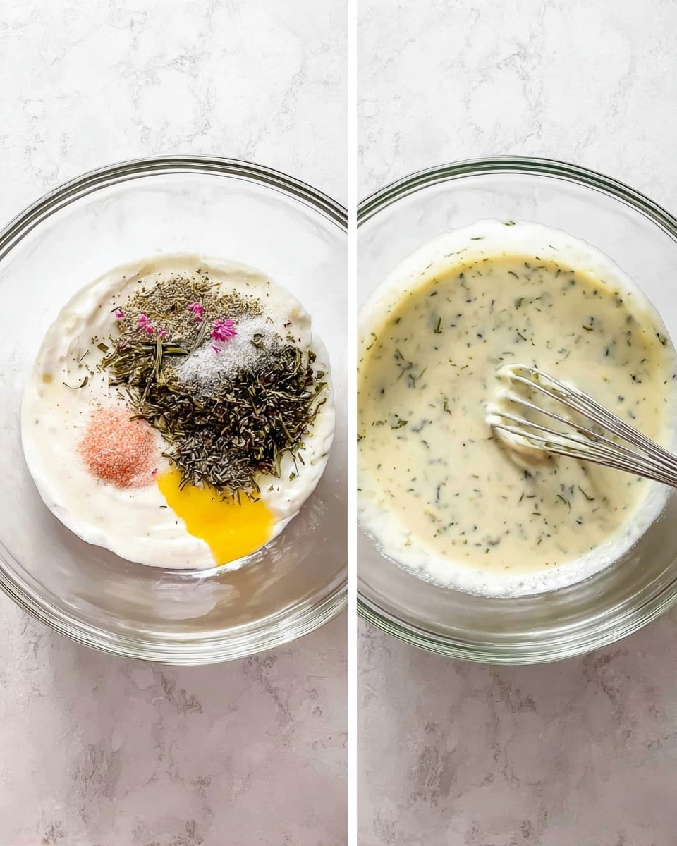 Two images side by side show the making of a sauce in a clear glass bowl placed on a white marbled surface. The left image shows separate layers inside the bowl: a thick white creamy layer at the bottom, topped with scattered black and green dried herbs, pink salt, light brown powder, and a small splash of yellow liquid oil. The right image shows the same bowl with the ingredients fully mixed, forming a light creamy sauce speckled evenly with green herbs, with a silver whisk resting inside. Photo taken with an iphone --ar 4:5 --v 7