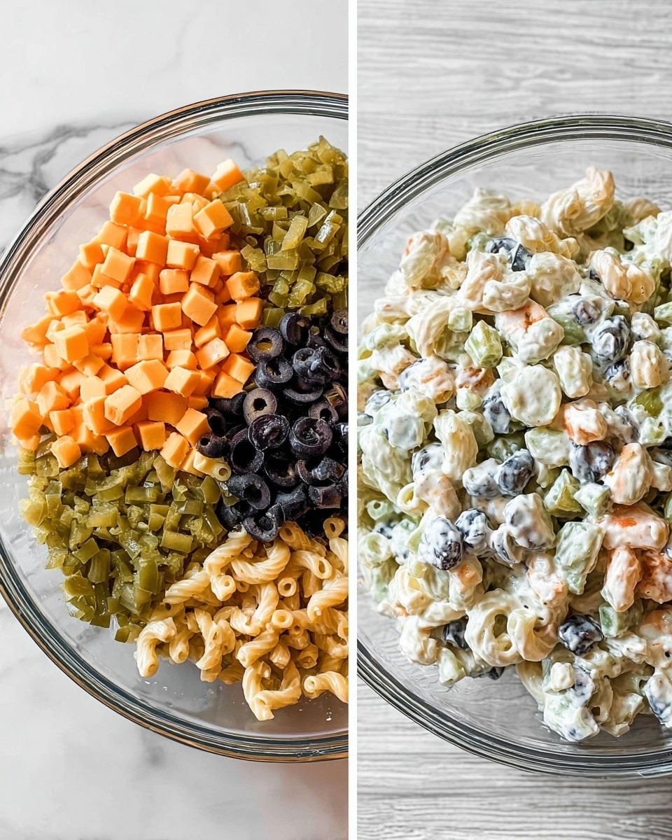 A clear glass bowl on a white marbled surface holds a layered pasta salad before mixing, with chopped orange cheese cubes in one section, black sliced olives in another, chopped green pickles in a third section, and creamy white dressing covering elbow macaroni in the last part. The next image shows the same glass bowl with all the ingredients fully mixed together into a creamy pasta salad, with bits of orange cheese, sliced black olives, and green pickles visible throughout the white creamy sauce-coated elbow pasta. Photo taken with an iphone --ar 4:5 --v 7