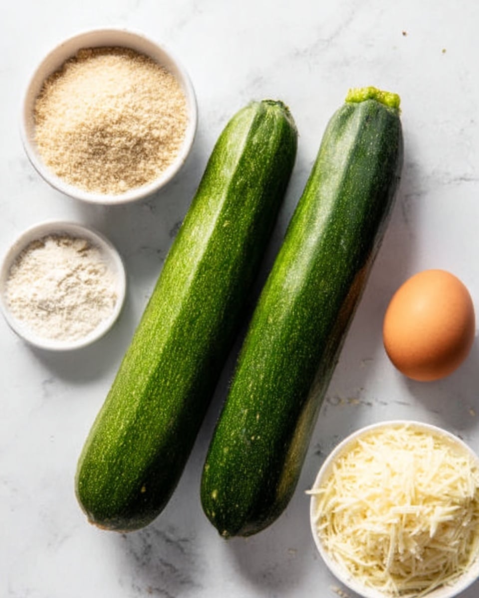 The image shows two whole zucchinis placed side by side on a white marbled surface. Around them are three small white bowls, each containing different ingredients: one with a light brown powder, another with shredded white cheese, and the third holding a brown egg. The scene is brightly lit, highlighting the fresh green color of the zucchinis and the textures of the powders and cheese. Photo taken with an iphone --ar 4:5 --v 7
