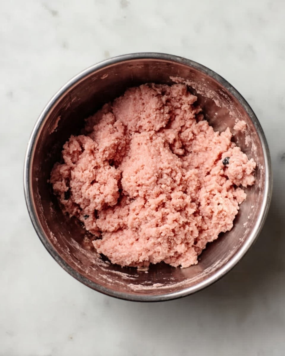 A metal bowl filled with light pink minced meat mixture with some uneven clumps and small dark specs, resting on a white marbled surface, the edges of the bowl are clean with some residue inside. photo taken with an iphone --ar 4:5 --v 7