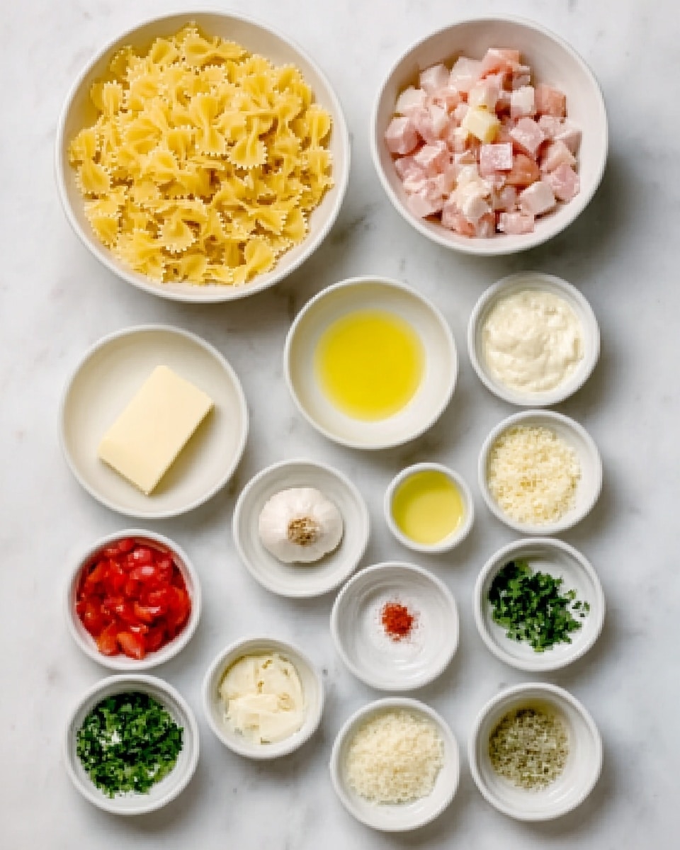 The image shows several small white bowls arranged neatly on a white marbled surface, each containing different ingredients for a recipe. There are two larger bowls at the top, one filled with yellow bow-tie pasta and the other with small pink cubes of what looks like chicken. Below these are smaller bowls holding various ingredients: a yellow liquid (likely oil), a stick of butter, a creamy white liquid, red spice, chopped tomatoes, white granules, chopped garlic, green herbs, grated cheese, light yellow liquid, and more chopped green herbs. The bowls are evenly spaced, and the colors of the ingredients contrast brightly against the white marbled surface. photo taken with an iphone --ar 4:5 --v 7